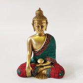 Boeddha Beeld - Prachtig bronzen beeld met gekleurde resin steentjes - 16 cm - Buddha