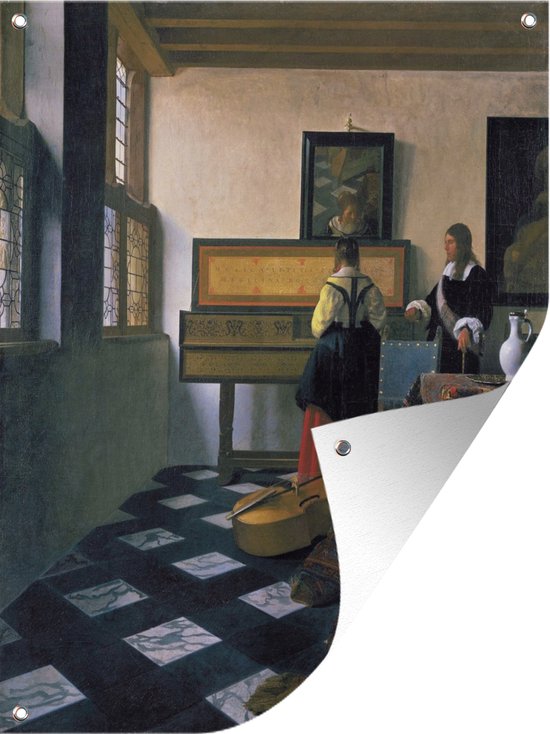 Tuinschilderij The music lsesson - Johannes Vermeer - 60x80 cm - Tuinposter - Tuindoek - Buitenposter