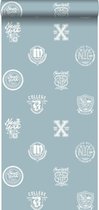 ESTAhome behang school emblemen licht vintage blauw - 128803 - 53 cm x 10.05 m