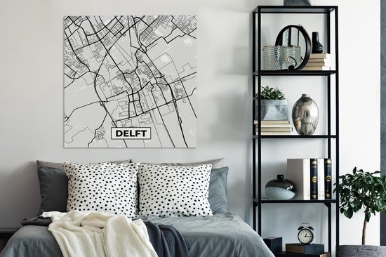 Tableau sur Toile Carte de Ville - Delft - Grijs - Wit - 90x90 cm - Décoration murale