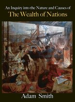 La couverture de 'The Wealth of Nations' par Adam Smith, avec une peinture d'ouvriers dans un cadre industriel.