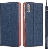 Litchi-textuur Horizontale flip-toplaag koeienhuid lederen tas met houder & kaartsleuven & portemonnee & riem & draadwinder voor iPhone X / XS (donkerblauw)