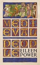 Boek 'Medieval People' met middeleeuwse illustraties en versierde letters, plus de naam Eileen Power.