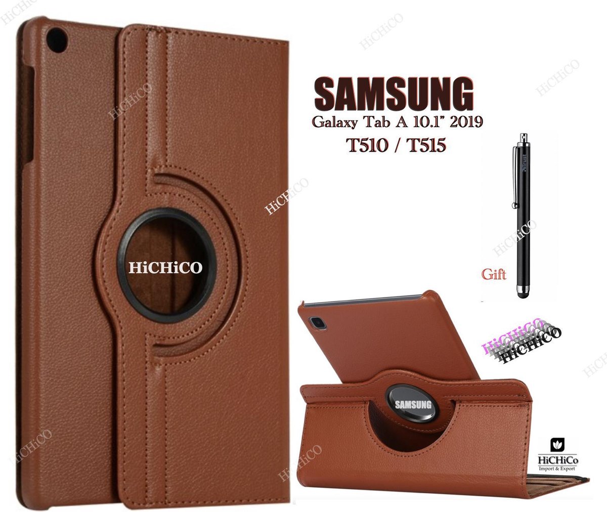 HiCHiCO Tablet Hoes voor Samsung Galaxy Tab A 10.1” 2019, Galaxy Tab T510 / T515 Hoesje, 360 Graden Draaibaar Tablet Case Bruin met Stylus Pen