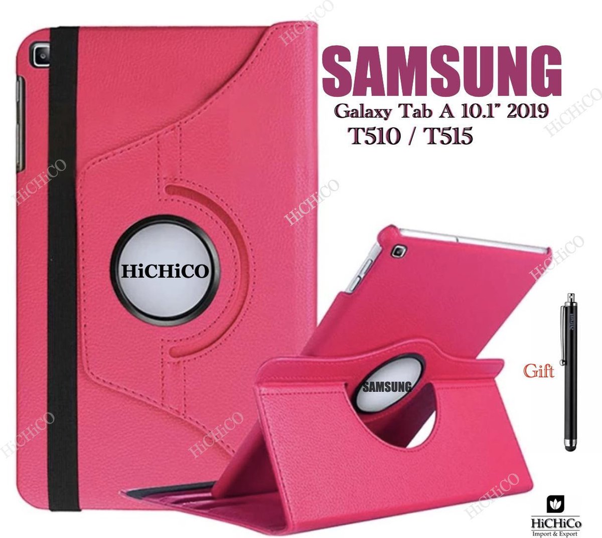 HiCHiCO Tablet Hoes voor Samsung Galaxy Tab A 10.1” 2019, Galaxy Tab T510 / T515 Hoesje, 360 Graden Draaibaar Tablet Case Rose met Stylus Pen