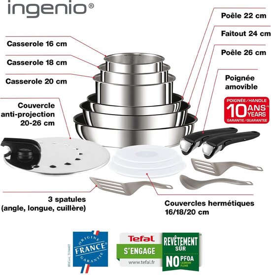 TEFAL Set de 2 casseroles Ingenio Preference + poignées amovible - Inox  induction