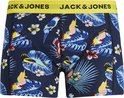 Donkerblauwe boxershorts met tropische print van papegaaien en bladeren. Gele JACK & JONES tailleband.
