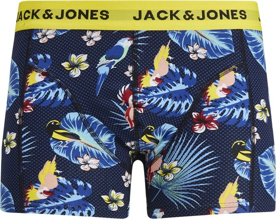 Donkerblauwe boxershorts met tropische print van papegaaien en bladeren. Gele JACK & JONES tailleband.