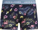 Donkerblauwe boxershorts met tropische print van flamingo's en bloemen. Blauwe JACK & JONES tailleband.
