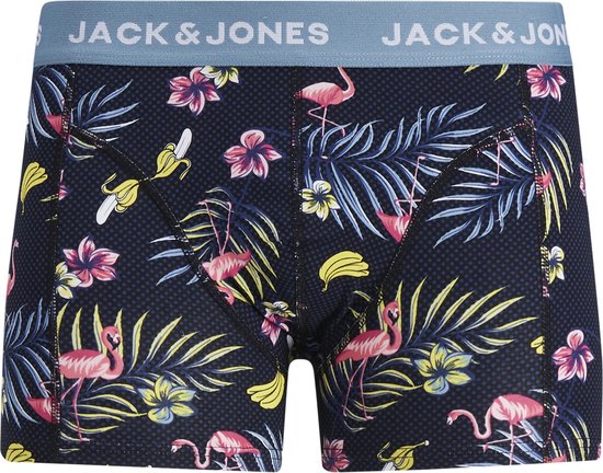Donkerblauwe boxershorts met tropische print van flamingo's en bloemen. Blauwe JACK & JONES tailleband.