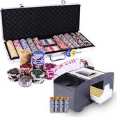 Qualux Pokerset XL – Poker – 500 Clay Chips– 13,5 Gram Fiches – Poker Fiches – Inclusief Luxe Opbergkoffer - Inclusief kaartenschudmachine met 4 batterijen