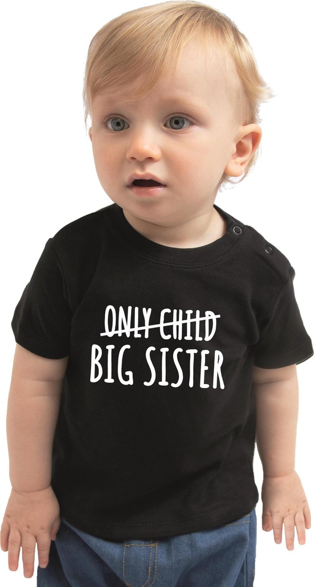 Correctie only child big sister cadeau t-shirt zwart voor baby / kinderen - Aankodiging zwangerschap grote zus 68