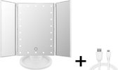 BAIK Make Up Spiegel met LED verlichting Wit – Staande spiegel - met 2 vergrootspiegels – Cosmetica / Visagie spiegel - Scheerspiegel - 22 dimbare leds - 180° draaibaar – op batter