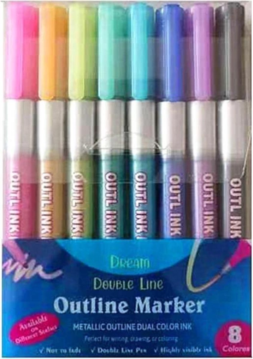 Outline markers - zilveren stifen met gekleurde rand - set van 8 stuks