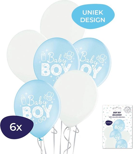 Baby Boy Ballonnen - Babyshower Jongen -  Babyshower Versiering - Gender Reveal Ballonnen - Geboorte Ballonnen - Babyshower Ballonnen - Blauwe Ballonnen - Witte Ballonnen - 6 Stuks