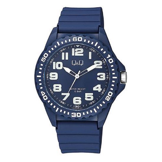 Belle montre bleu foncé (sport) avec cadran transparent du modèle Q&Q vs16j009y adaptée à la natation