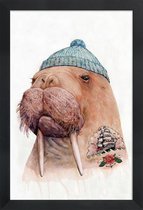 JUNIQE - Poster met houten lijst Tatooed Walrus -13x18 /Blauw & Bruin