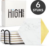 HighSupply Design Onderzetters van Marmer en Keramiek voor Glazen – Wit – Goud – 6 Onderleggers – Glasonderzetters met Houder – Kurk