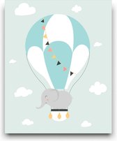 Schilderij  Olifant in een Luchtballon Groen - Kinderkamer - Dieren Schilderij - Babykamer / Kinder Schilderij - Babyshower Cadeau - Muurdecoratie - 50x40cm - FramedCity