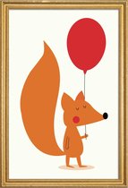 JUNIQE - Poster met houten lijst Fox with a Red Balloon -13x18 /Oranje