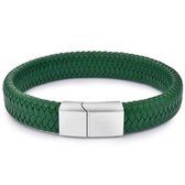 Victorious Gevlochten Leren Armband Heren – RVS Roestvrij Staal Sluiting – Groen – 22cm