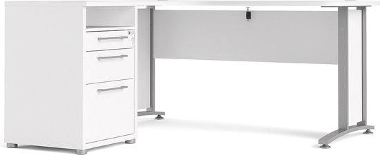 Prisme Bureau d'angle avec 1 étagère et 3 tiroirs, blanc, gris