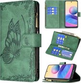 Voor Xiaomi Poco M3 Pro/Redmi Note 10 5G Vliegende Vlinder Embossing Patroon Rits Horizontale Flip Lederen Case met Houder & Kaartsleuven & Portemonnee (Groen)