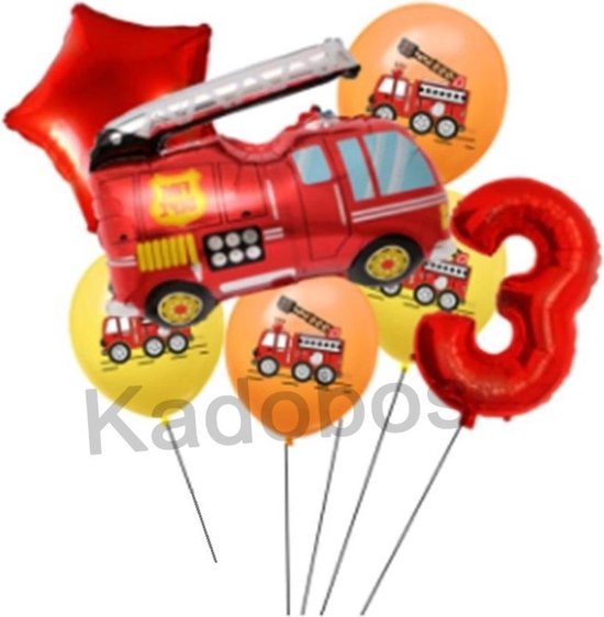 Brandweer ballonnen set verjaardag 3 jaar - folie ballon brandweerwagen 7 delig