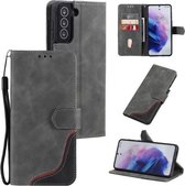 Voor Samsung Galaxy S21 FE Driekleurige Stiksels Kalf Textuur Horizontale Flip Lederen Case met Houder & Kaartsleuven & Portemonnee (Grijs)