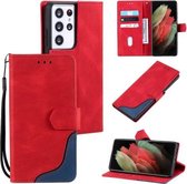 Voor Samsung Galaxy S21 Ultra 5G Driekleurige Stiksels Kalf Textuur Horizontale Flip Lederen Case met Houder & Kaartsleuven & Portemonnee (Rood)