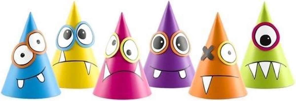 PartyDeco feesthoedjes DIY - 12x stuks - monsters thema - party verjaardag hoedjes - punthoedjes