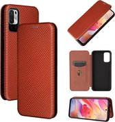 Voor Xiaomi Redmi Note 10 5G Koolstofvezel Textuur Magnetische Horizontale Flip TPU + PC + PU Lederen Case met Kaartsleuf (Bruin)