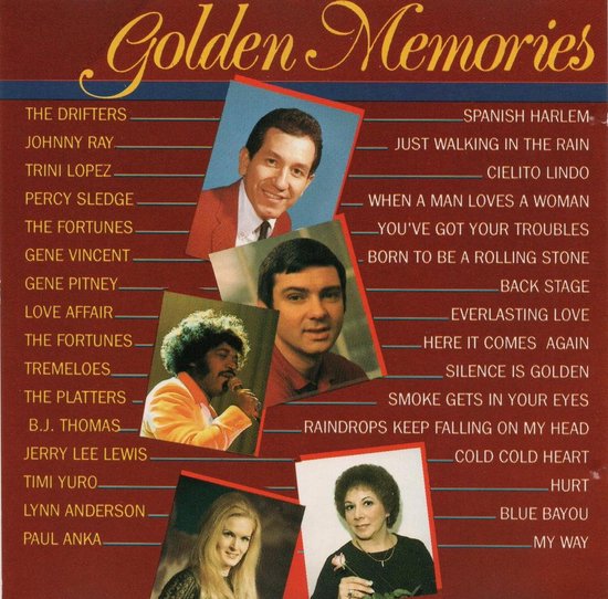 Golden Memories albumcover met vier artiesten: een man in rode blazer, een man met donker haar, een man in oranje jas en een vrouw met blond haar, en een vrouw met donker haar.