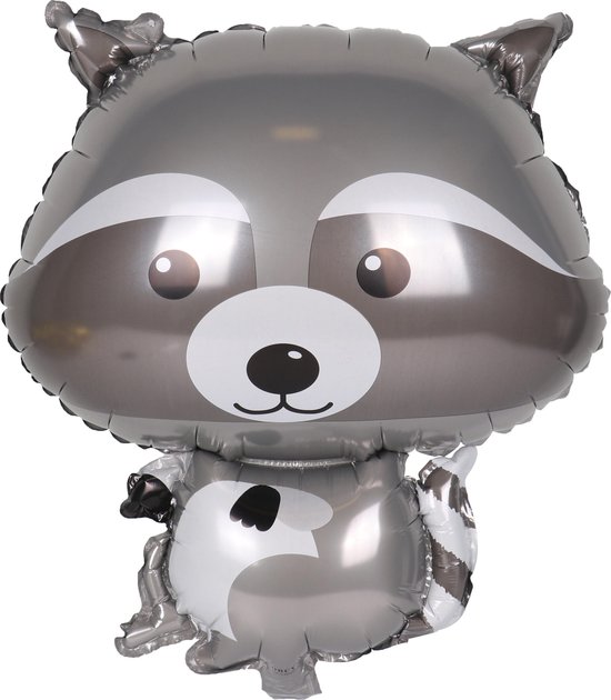 Een wasbeer-vormige ballon met een grijze en witte vacht, met zwart-wit strepen op de staart en rond de ogen.