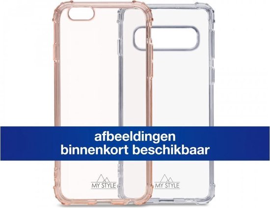 Deux coques transparentes, une teinte rose, pour téléphones portables. Bannière bleue avec texte 'images bientôt disponibles'.