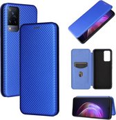 Voor vivo V21 koolstofvezel textuur magnetische horizontale flip tpu + pc + pu lederen tas met kaartsleuf (blauw)