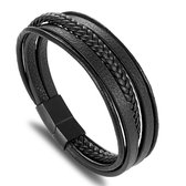 Stoere Heren Armband - Zwart Leer met Zwarte Sluiting - Armband Heren - Armband Mannen - Mannen Cadeautjes - Cadeau voor Mannen