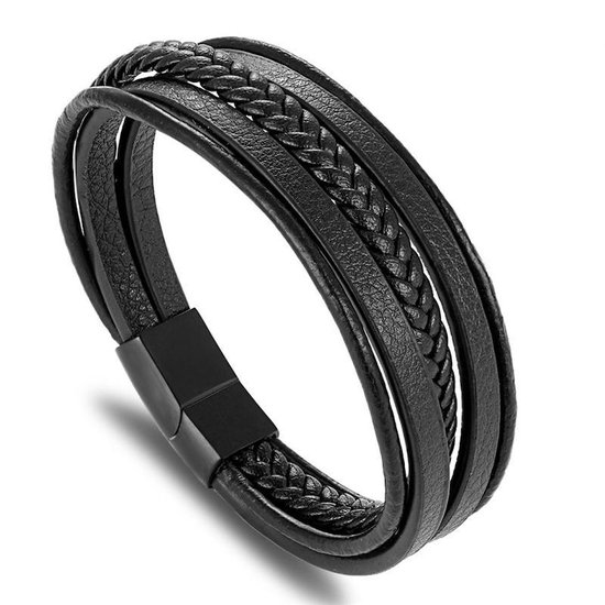 Stoere Heren - Zwart Leer met Zwarte Sluiting - Armband - Armband Mannen... | bol.com