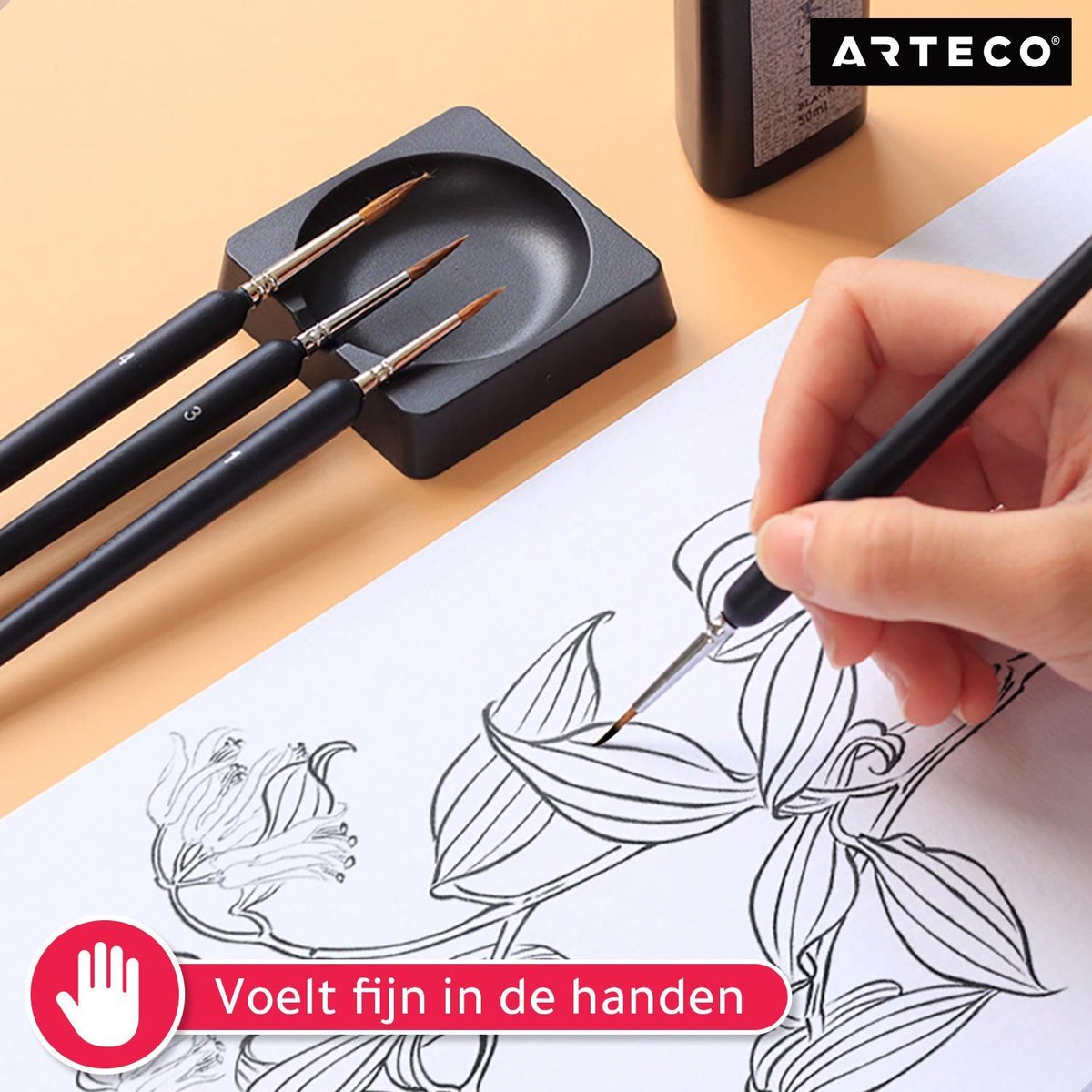 ARTECO® 10 Fijne Penselen Incl. Aquarelpapier - Penselenset - Penselen - Kwasten – Kalligrafie, Schilderen op Nummer, Miniatuur — afbeelding 5