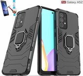 Samsung Galaxy A52 4G 5G Robuust Kickstand Shockproof Zwart Cover Case Hoesje - 1 x Tempered Glass Screenprotector ATBL