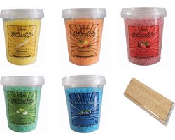 foto van Bakiez® Suikerspinsuiker- Suikerspin Suiker- Fruitmix [aardbei/appel/banaan/bosbes/sinaasappel] - 5 maal 400 gram - incl. gratis stokjes
