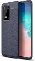 Samsung S20 Ultra Hoesje Shock Proof Siliconen Hoes Case | Back Cover TPU met Leren Textuur - Blauw