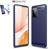 Samsung Galaxy A72 4G 5G Carbone Brushed Tpu Blauw Cover Case Hoesje - 1 x Tempered Glass Screenprotector CTBL