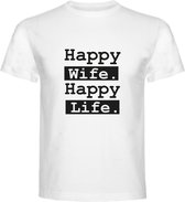 T-Shirt - Casual T-Shirt - Fun T-Shirt - Fun Tekst - Lifestyle T-Shirt - Mood - Happy Wife Happy Life - Wit - XS