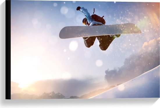 Canvas  - Achteraanzicht van Snowboarder - 60x40cm Foto op Canvas Schilderij (Wanddecoratie op Canvas)