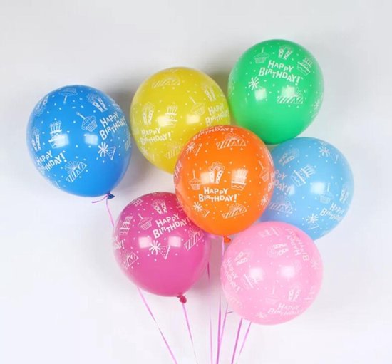 Ballonnen - 20 stuks Latex Ballonnen met Opdruk "Happy Birthday" - Vrolijke kleuren -Gratis Ballonnen Slinger - Verjaardag - Feesten en Partijen
