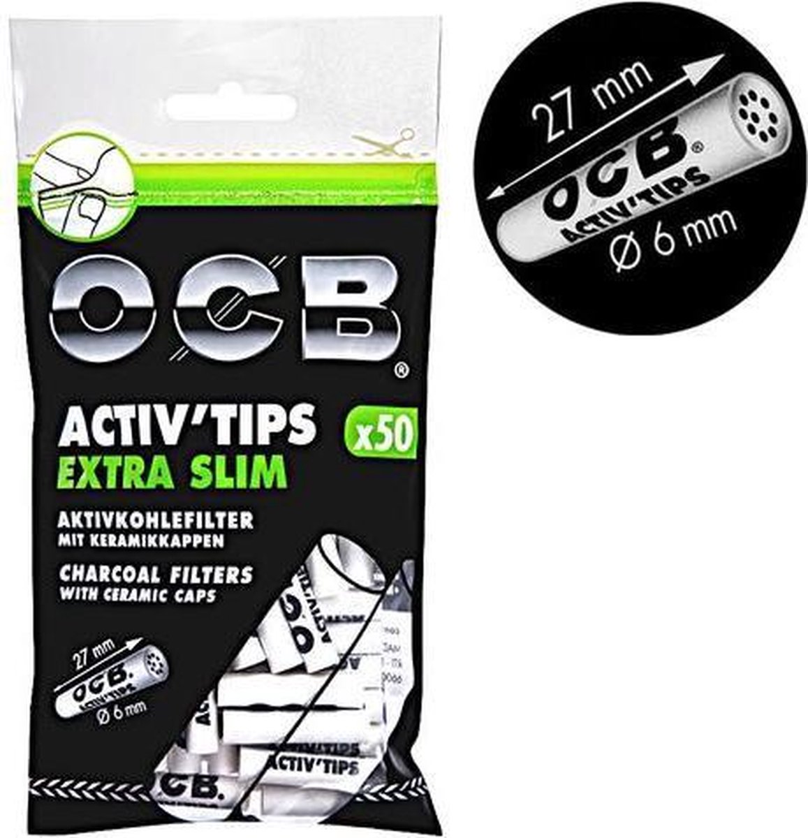 Filtre OCB Activ'Tips, Boite 50 filtres à cigarette Charbon actif