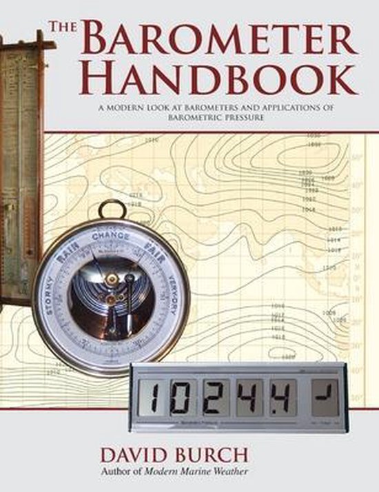 Boekomslag: De Barometer Handbook, met een analoge barometer, een digitale barometer en een weerkaart.