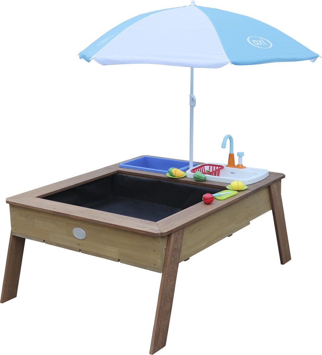 Bol.com AXI Linda Zand & Water Tafel met Speelkeuken wastafel Bruin - Parasol Blauw/wit aanbieding