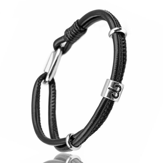 Ram / Aries - Leren Armband met Sterrenbeeld Hanger - Zwart Leer - Staal - Astrologie - Armbanden - Cadeau voor Man - Mannen Cadeautjes